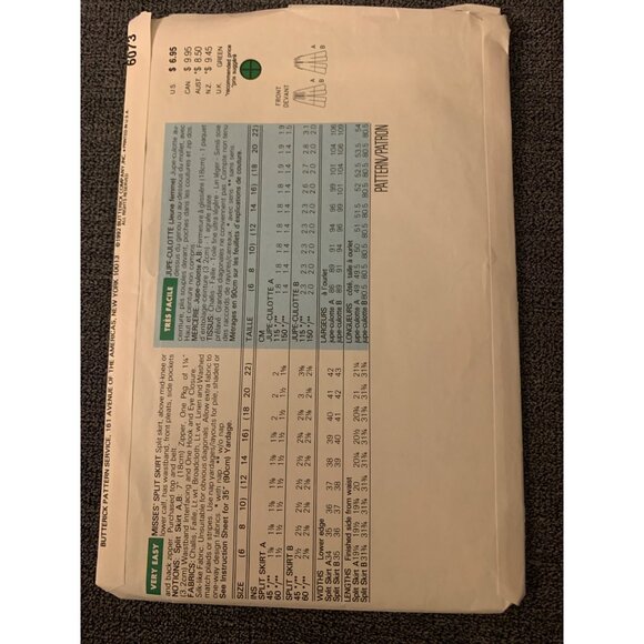 Butterick 6073 Skirt Sewing Pattern Size 18-20-22 Fast & Easy uncut 1992 - Picture 2 of 2